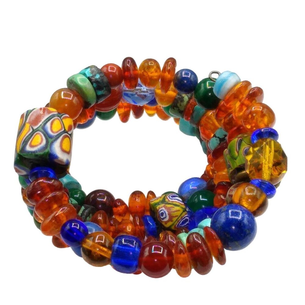 Memory Wire Wrap Gemstone Bracelet With Amber, Tu… - image 2